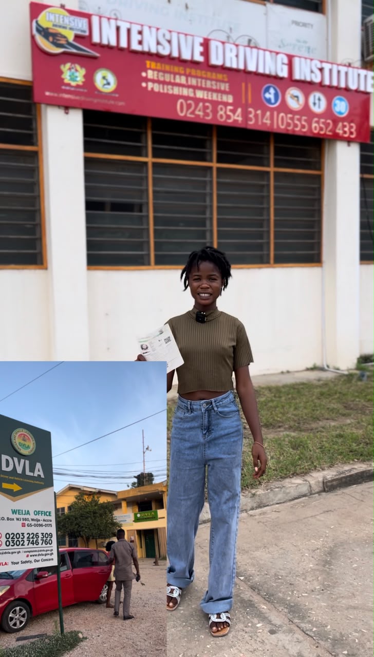 Student outside institute with DVLA Weija Office signboard inset